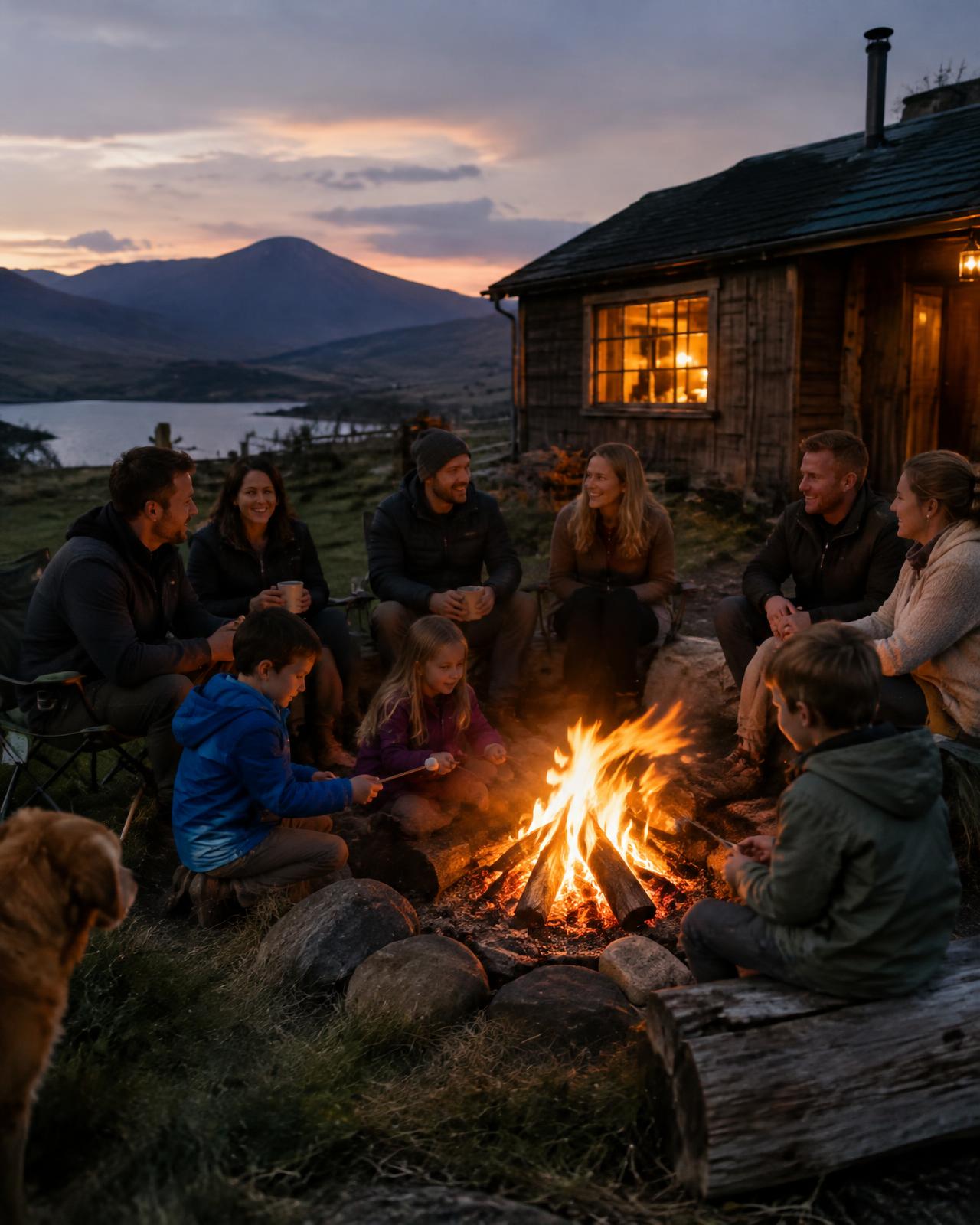 Families around a campfire at dusk (placeholder image)