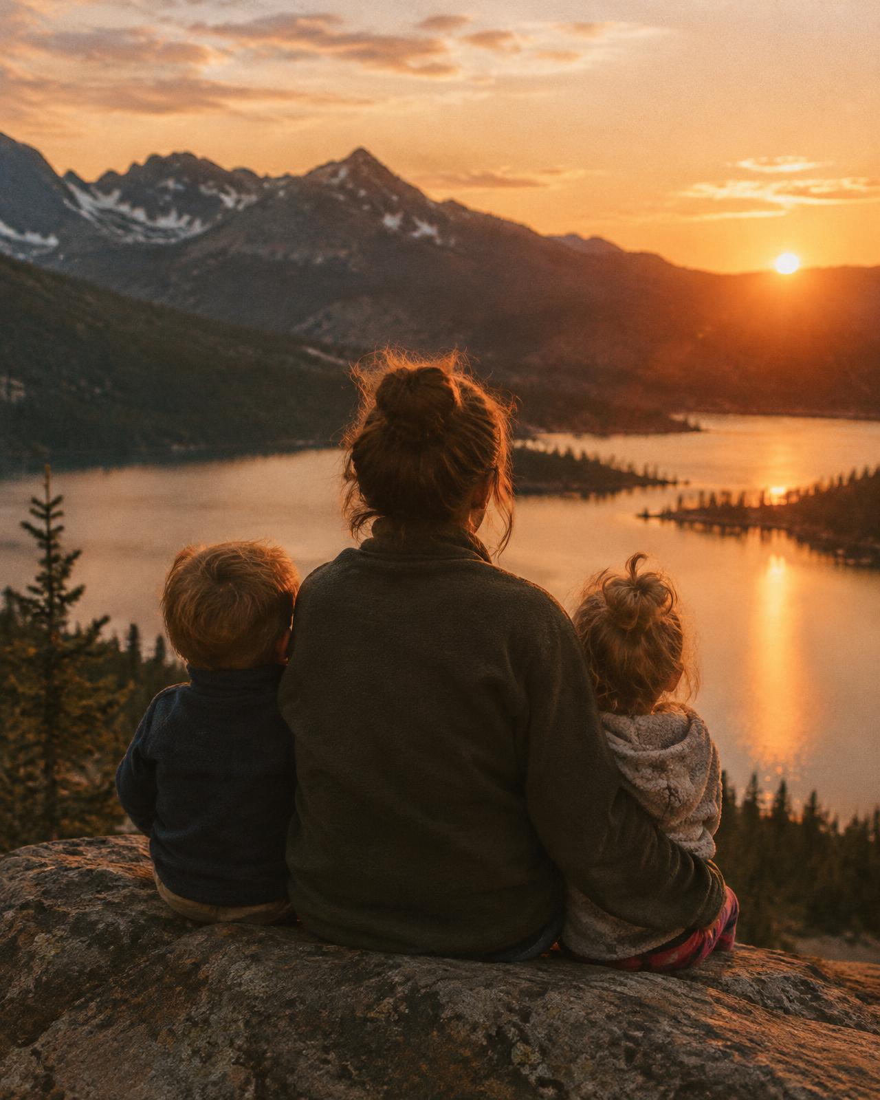 A parent and two children looking out over a mountain lake at sunset (placeholder image)