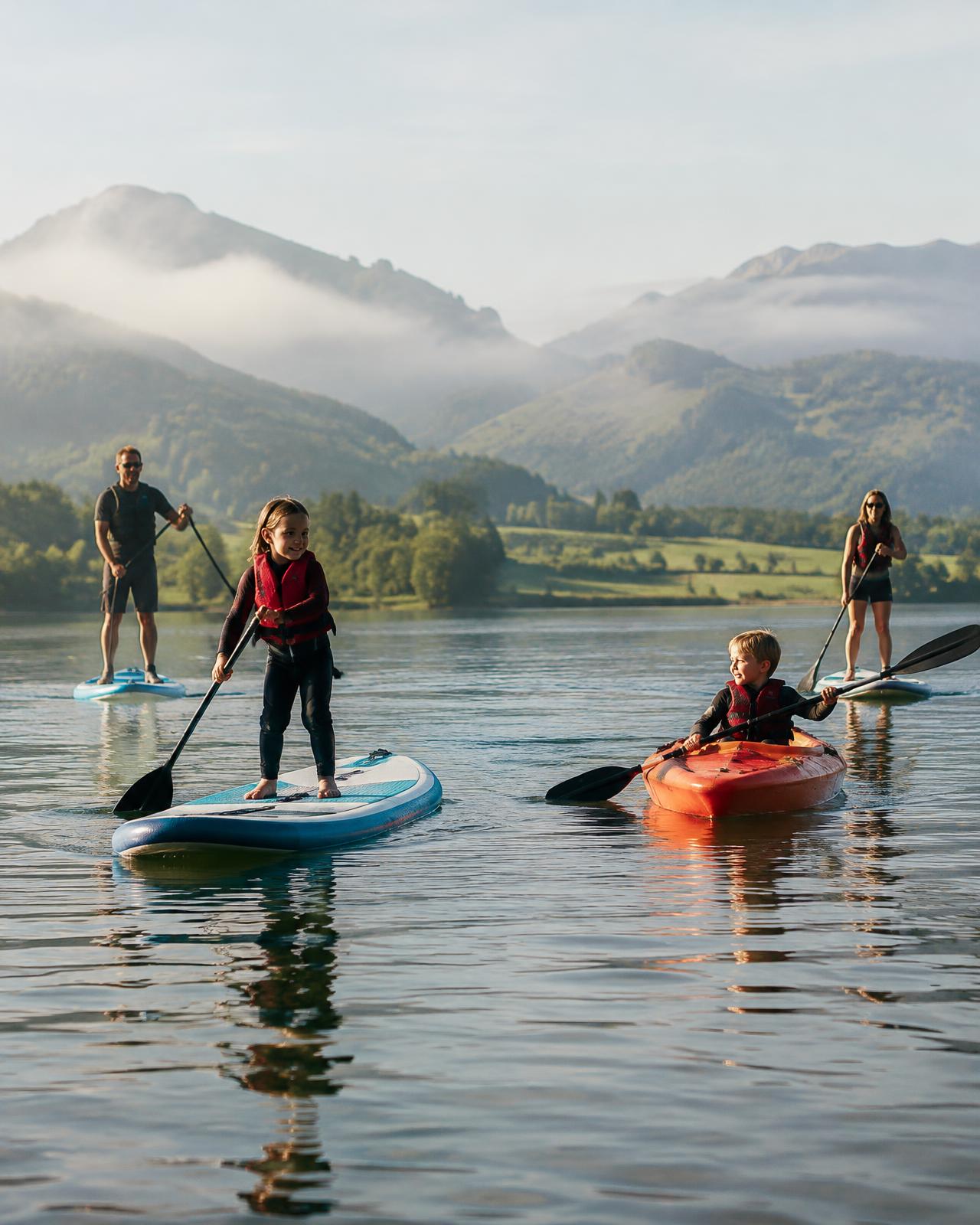 Children paddleboarding and kayaking on a lake with parents nearby (placeholder image)