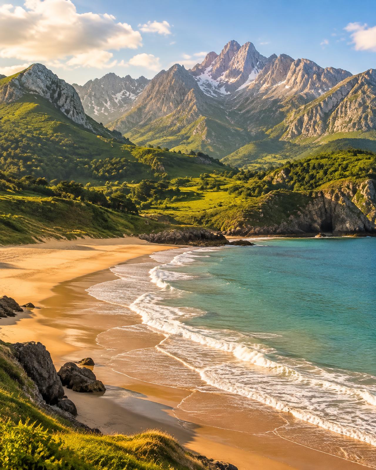 Green mountains meeting a golden beach (placeholder image)